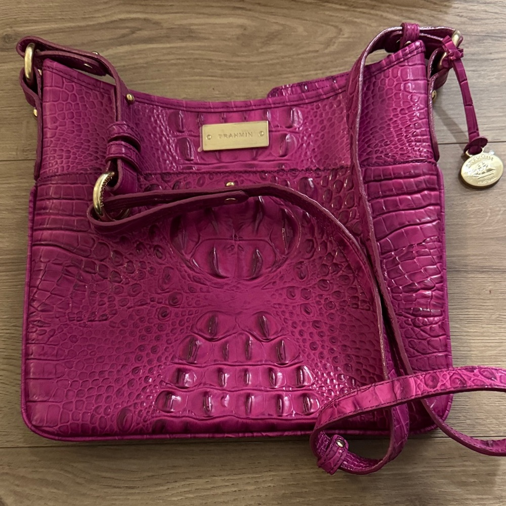 Brahmin Magenta Croc-Embossed Crossbody with Gold Hardware